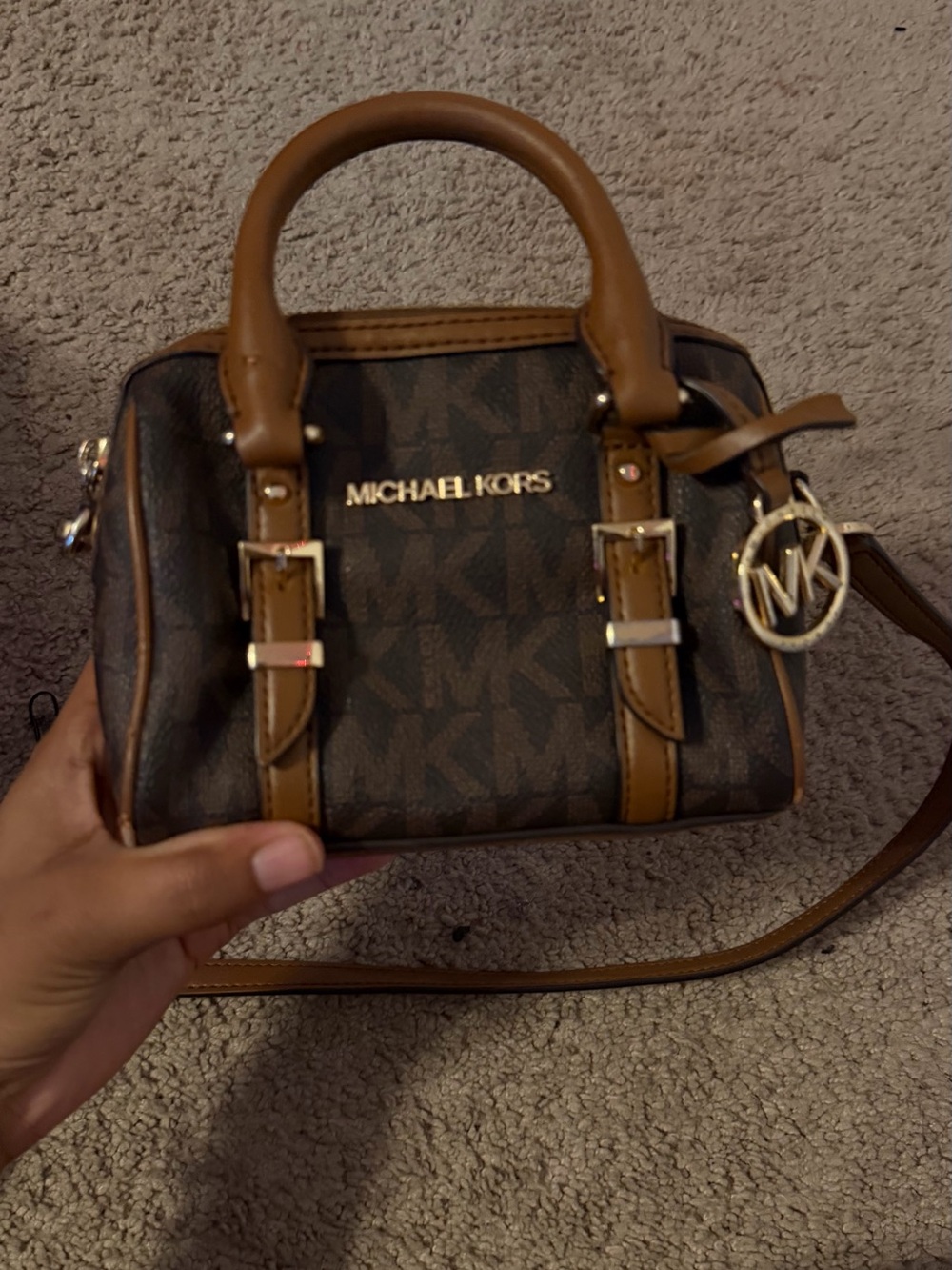Michael Kors Brown Signature Mini Satchel with Tan Trim